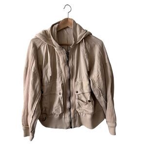 Free People Cream Khaki Hooded Oversized Fall Bomber Jacket Size S Zipper Cargo